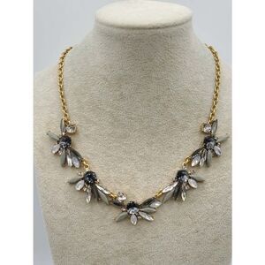 J Crew Gold Tone Gray Clear Crystal Floral Necklace